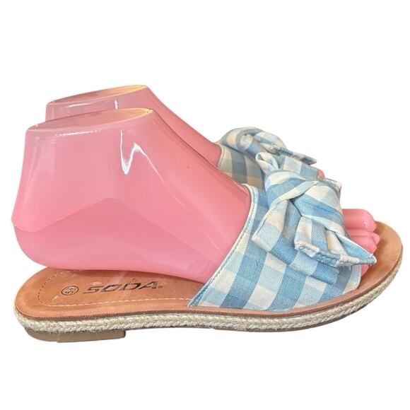 Soda Slide Sandals Blue & Cream Gingham Plaid Bows Size 5.5 Flats - Picture 5 of 7